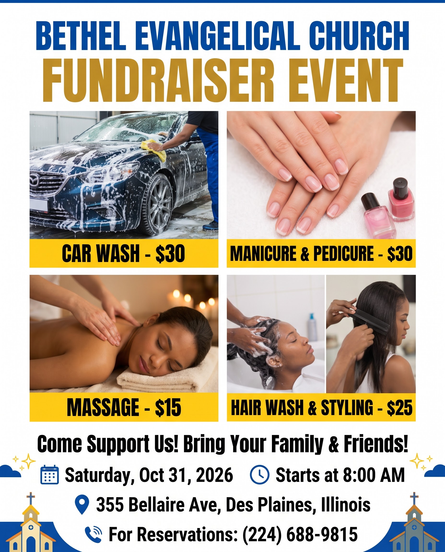 Poster for Bethel Evangelical Church fundraiser: Spa Day & Car Wash, Saturday, October 31, 2026 at 8 AM, 355 Bellaire Ave, Des Plaines, Illinois. Services: Car Wash $30; Manicure & Pedicure $30; Massage $15; Hair Wash & Styling $25. Reservations: (224) 688-9815.